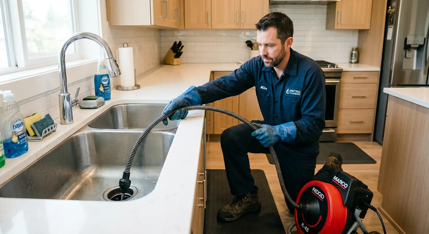 Drain cleaning technician using a motorized snake on a kitchen sink in Crystal City