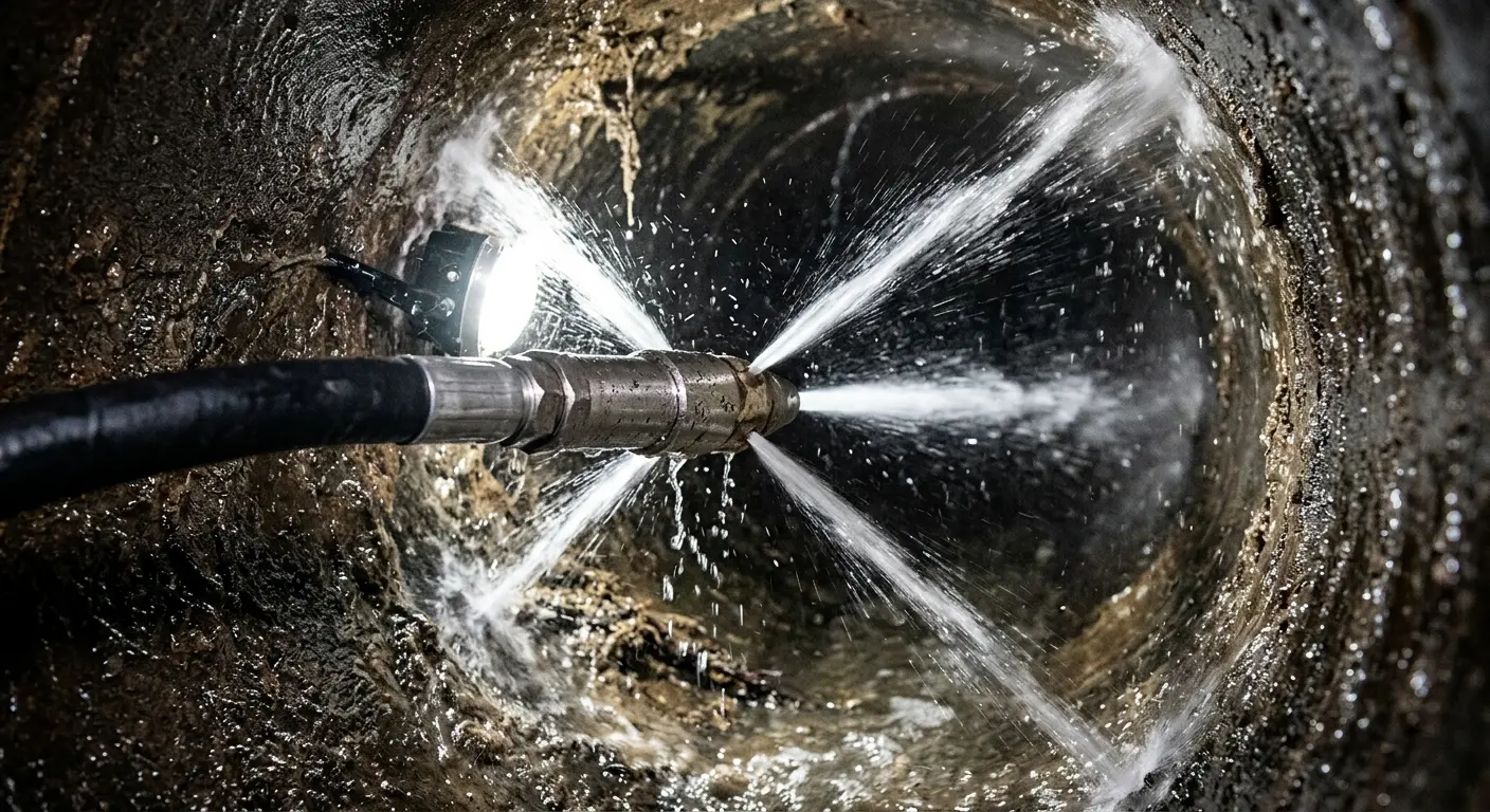 High-pressure hydro jetting nozzle cleaning sewer pipe for Trenchless Sewer Repair in Crystal City