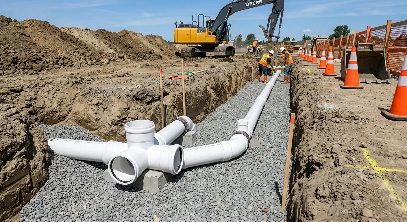 New PVC sewer pipe installation in open trench for Sewer Backup in Crystal City