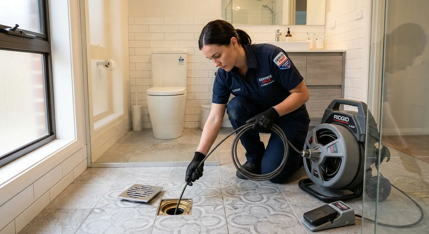 Technician clearing a bathroom floor drain for Drain Cleaning in Crystal City